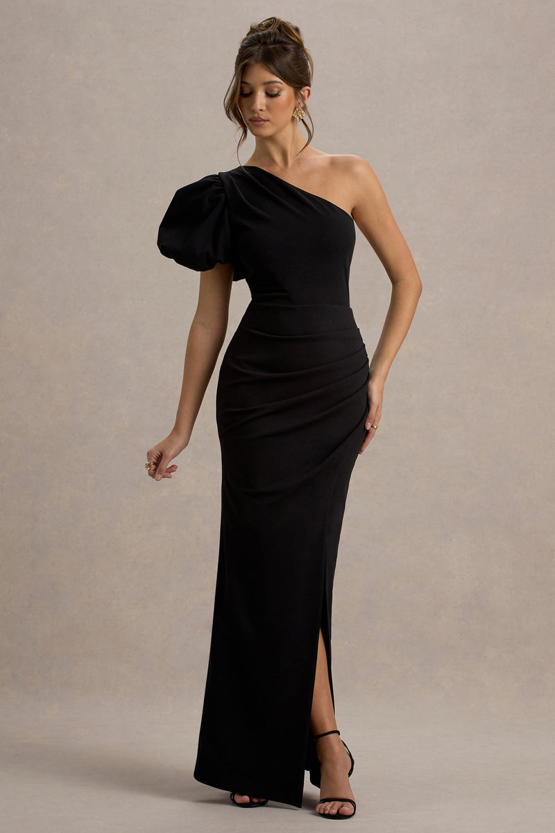 Vittoria | Vestido largo negro asimétrico con mangas abullonadas y abertura en la falda
