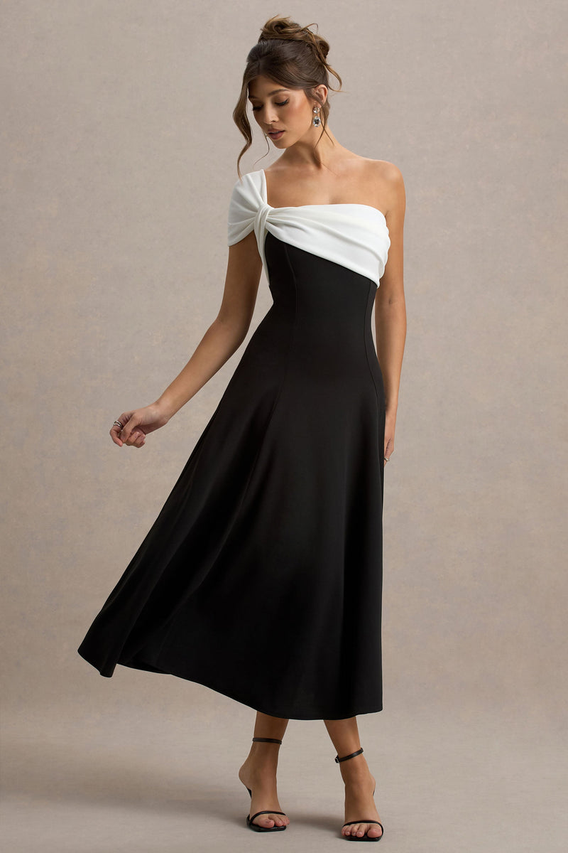 Malta | Vestido midi de un solo hombro en blanco y negro