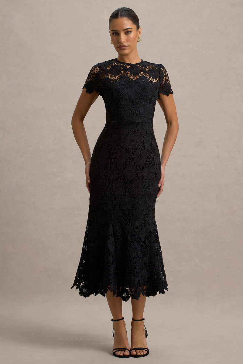 Clarissa | Vestido midi negro de encaje con mangas cortas