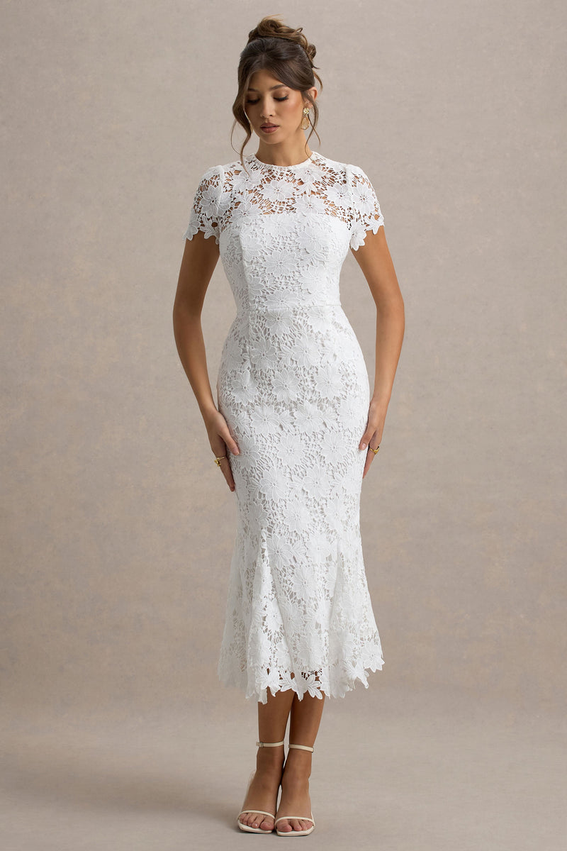 Clarissa | Vestido midi blanco de encaje, cuello redondo y manga corta