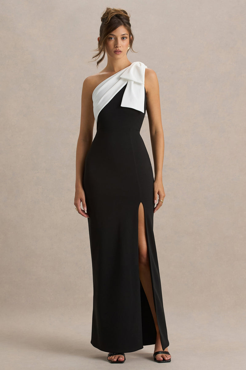Kiri | Vestido maxi negro y blanco de un solo hombro con lazo