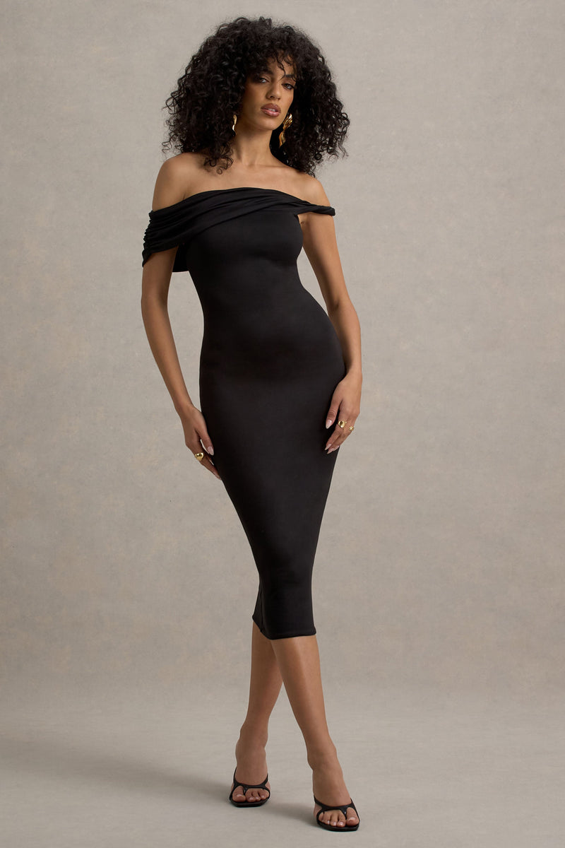 Skye | Vestido midi negro con escote Bardot drapeado