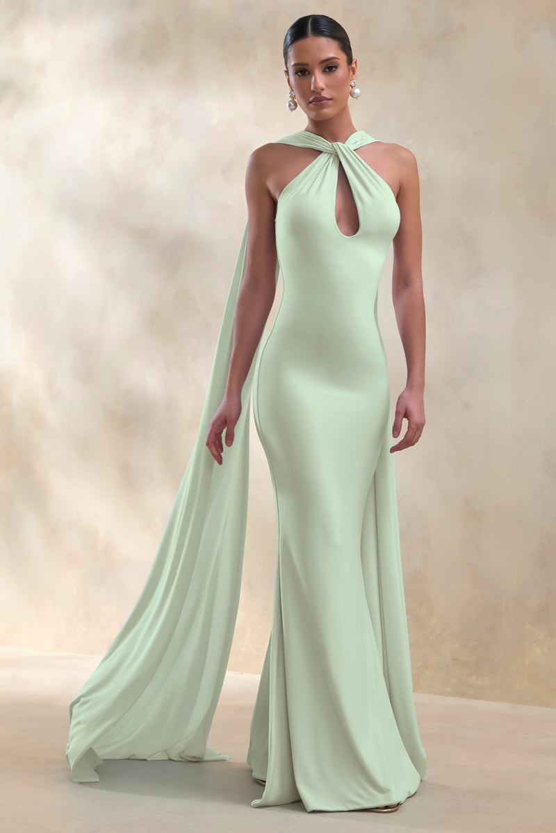Rhoda | Vestido maxi tipo capa con cuello halter y detalle retorcido en color menta
