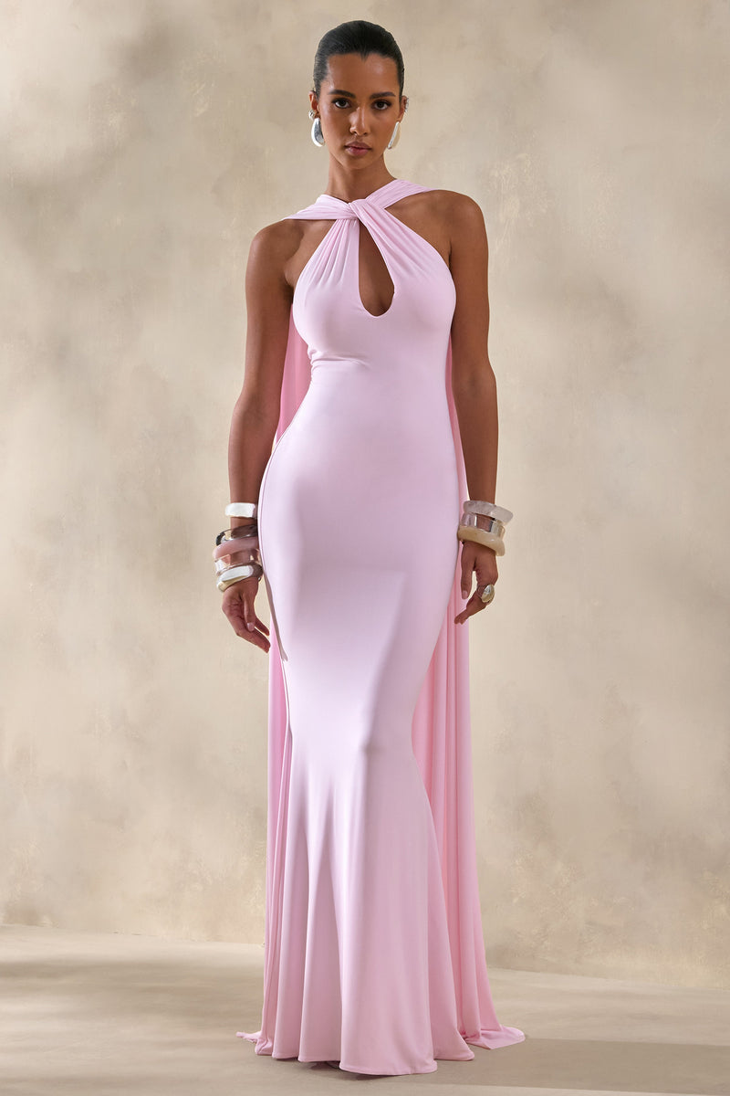 Rhoda | Vestido maxi tipo capa rosa claro con cuello halter retorcido