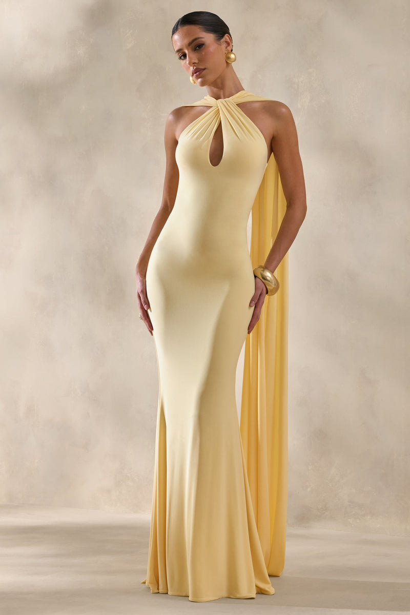 Rhoda | Vestido largo tipo capa con cuello halter, Lemon Twist