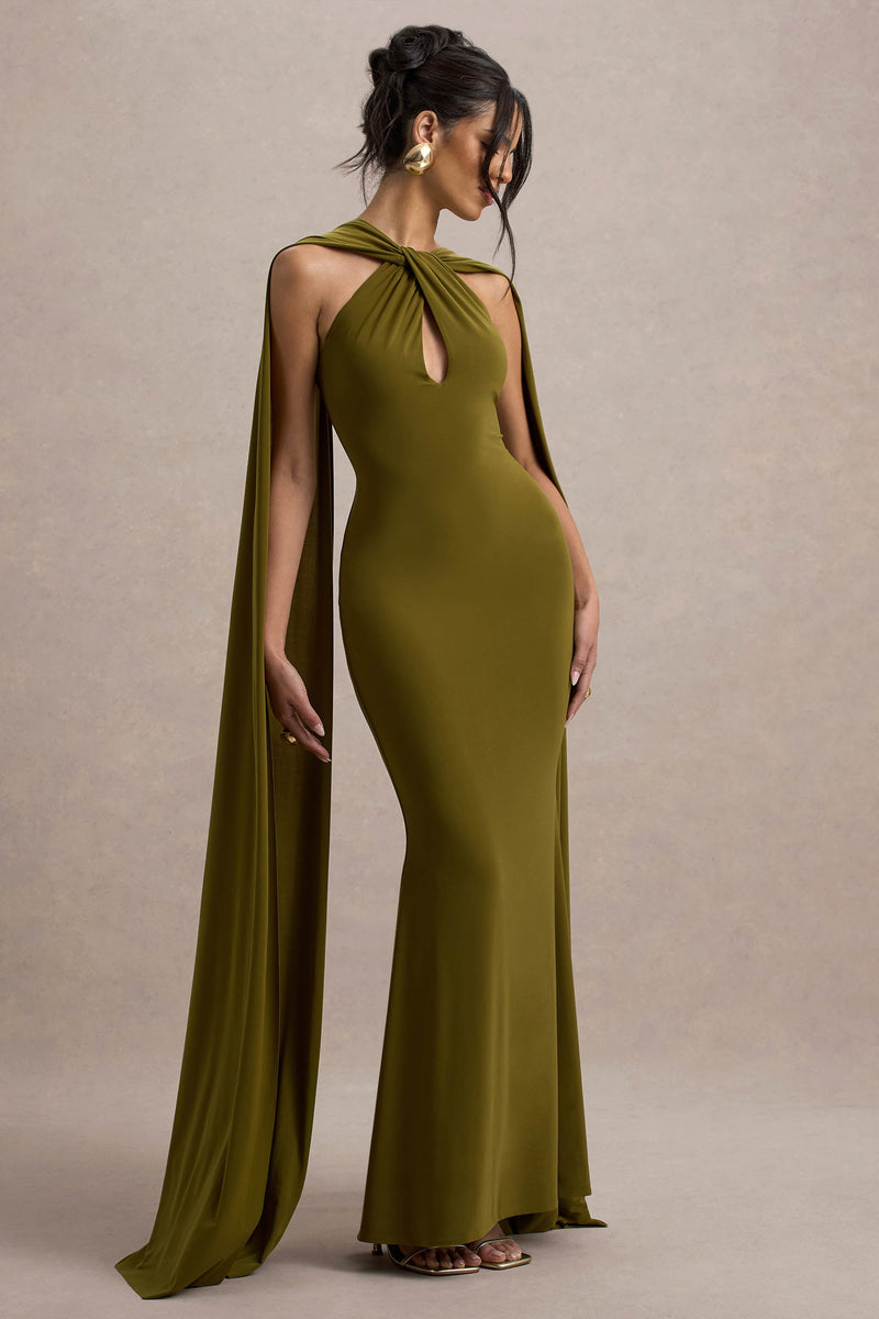 Rhoda | Vestido maxi verde tipo capa con cuello halter y diseño retorcido
