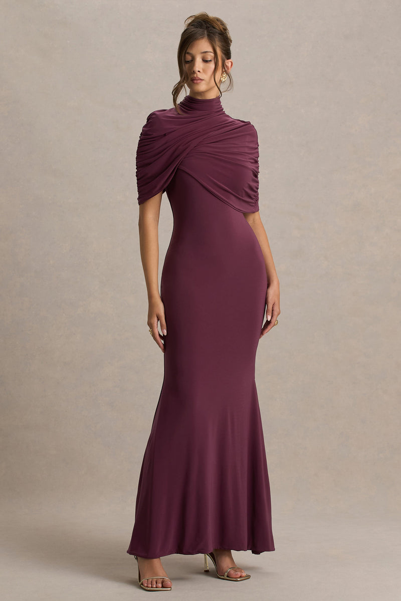 Cleora | Vestido maxi tipo capa burdeos con detalle retorcido