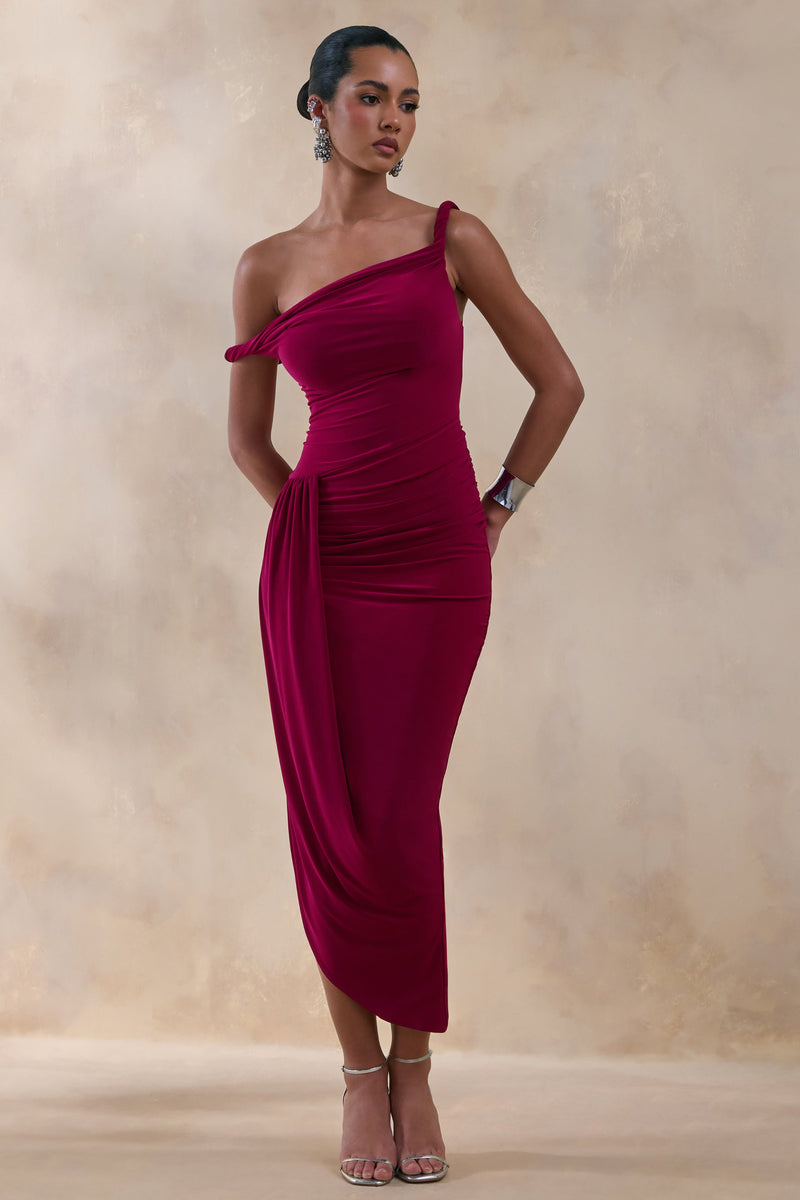 Angelique | Vestido maxi asimétrico burdeos con detalle retorcido