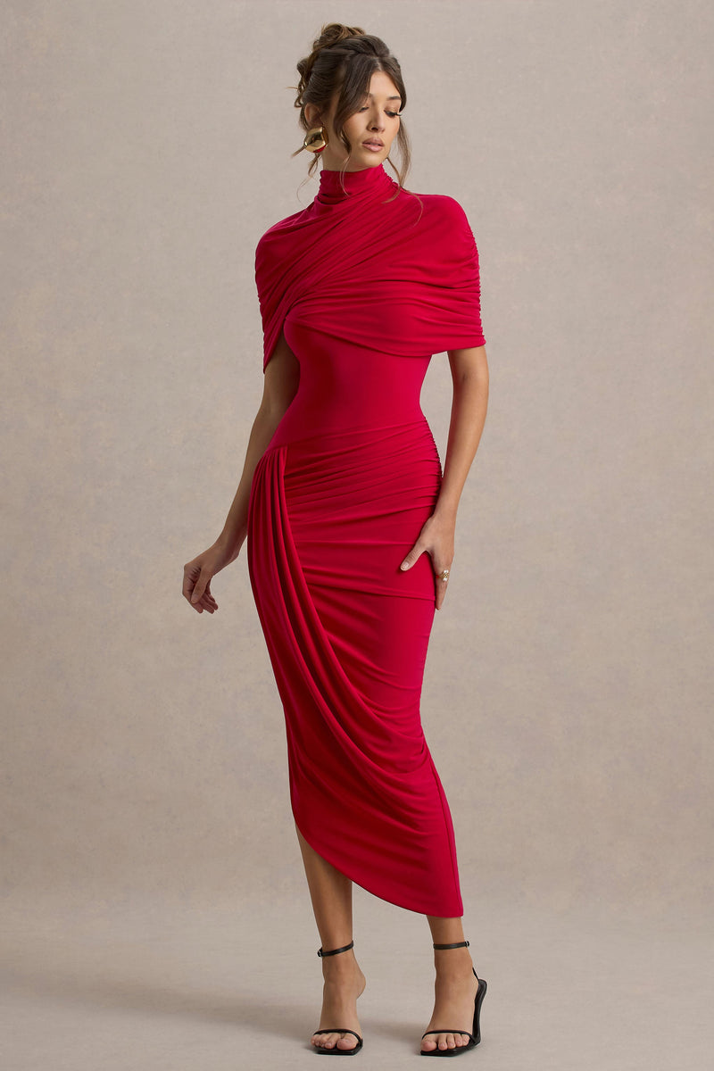 Enchant | Vestido midi rojo asimÃ©trico con capa retorcida