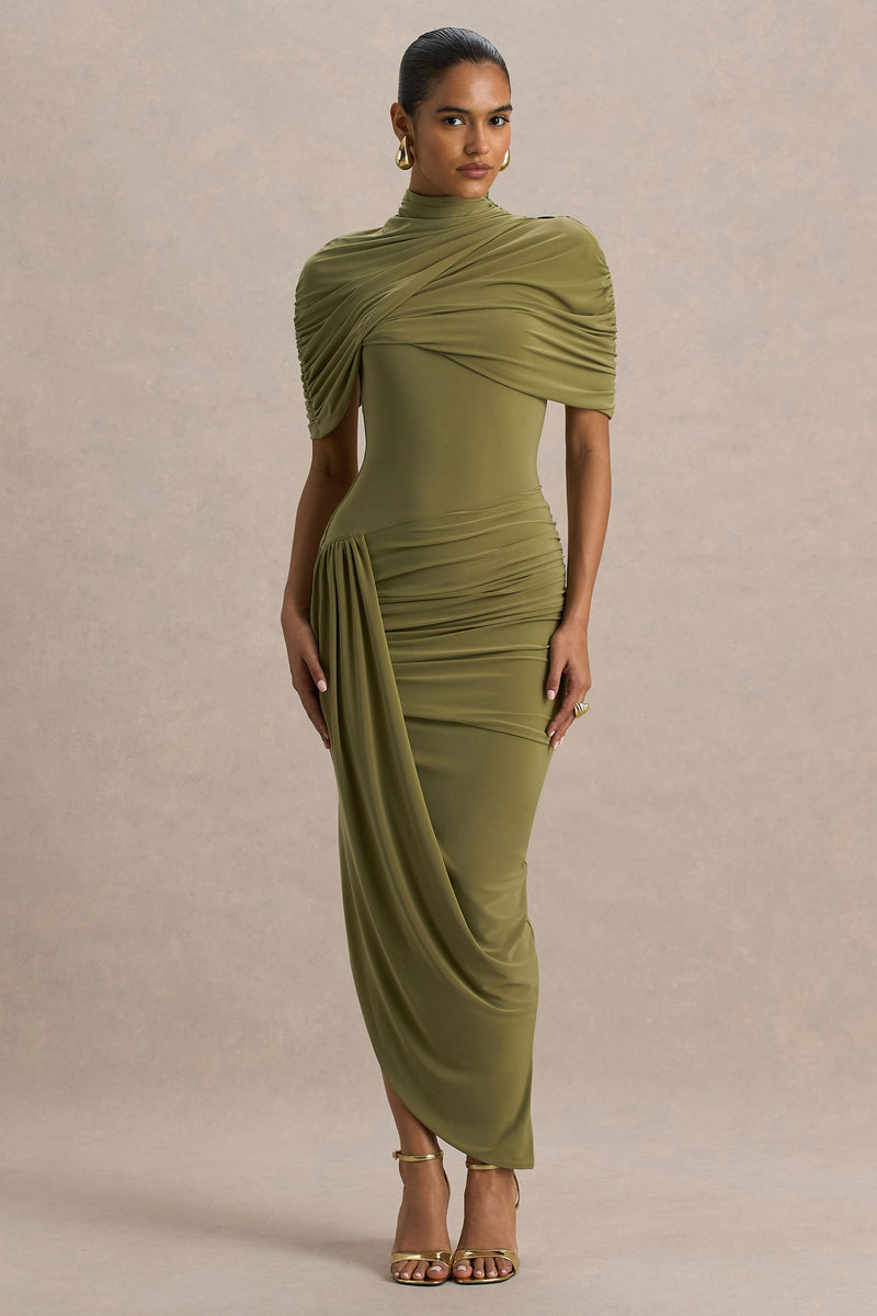Encanto | Vestido midi asimétrico estilo capa con detalle retorcido en color oliva