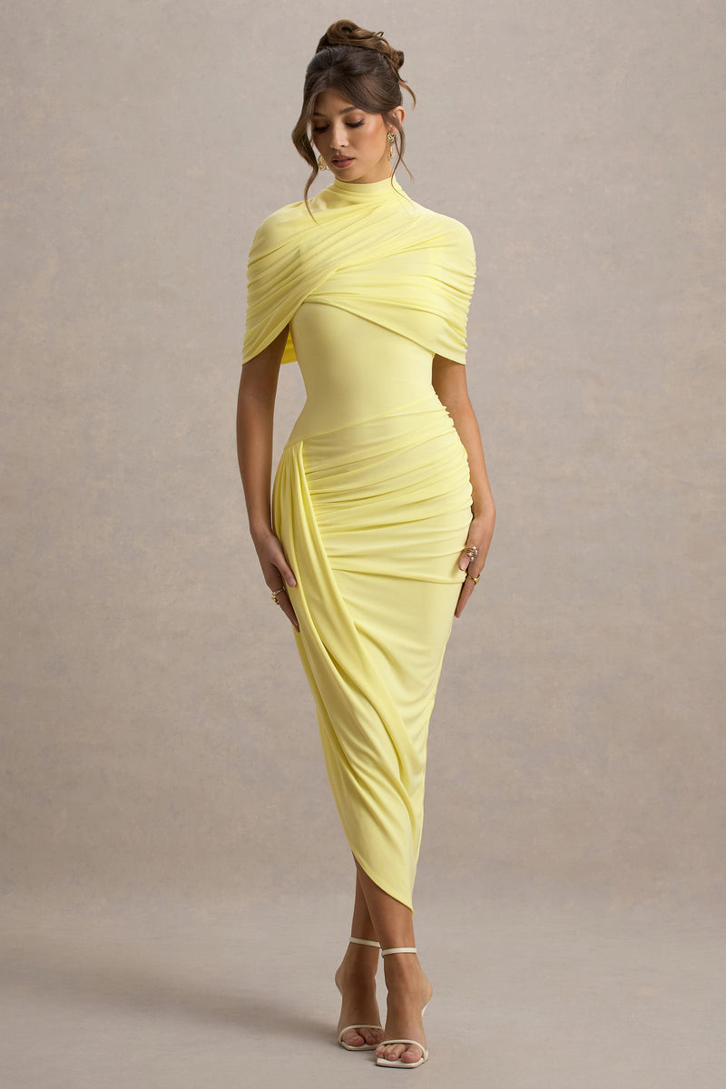 Enchant | Vestido midi estilo capa asimÃ©trico con detalle retorcido en color limÃ³n