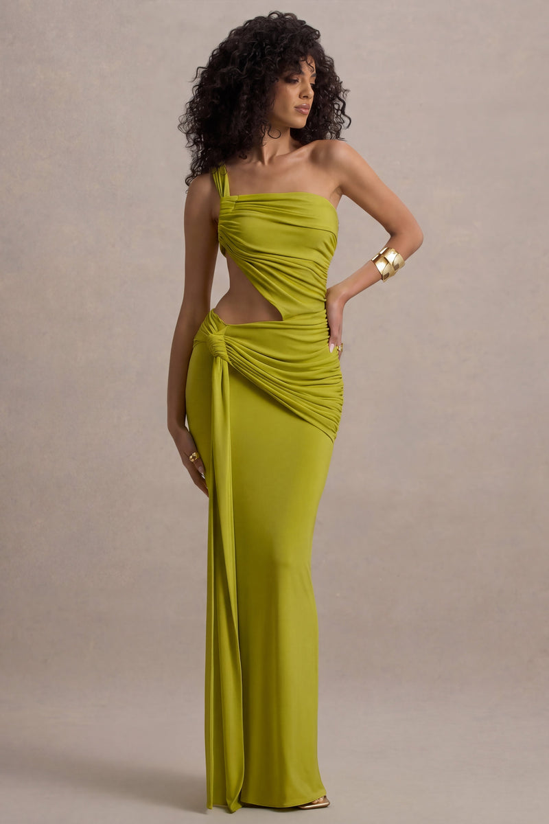 Giovanna | Vestido largo asimétrico color oliva con falda envolvente