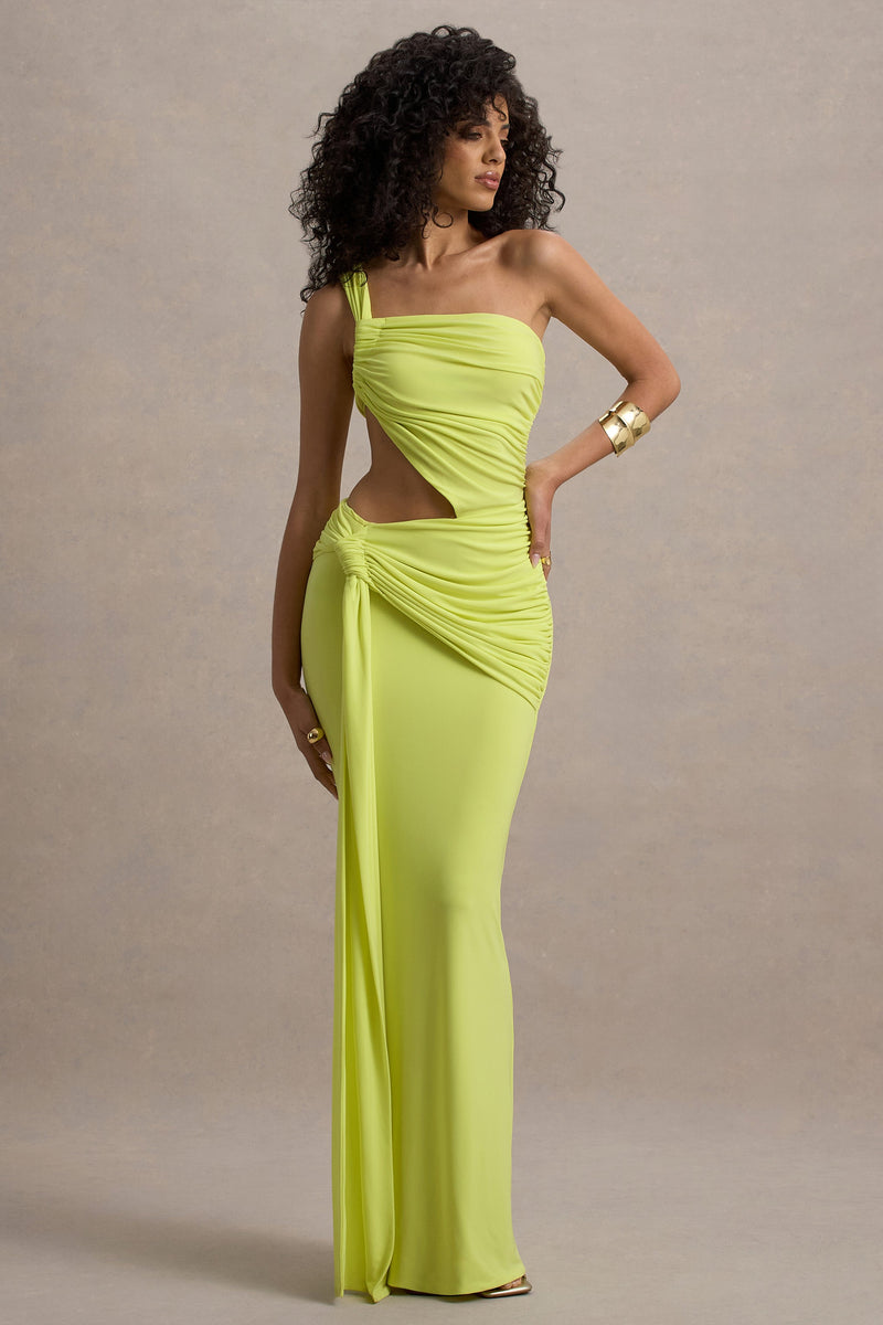 Giovanna | Vestido maxi asimÃ©trico verde lima con falda envolvente