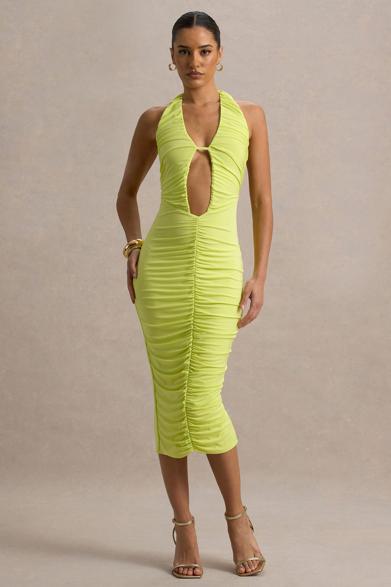 Anaisa | Vestido midi verde lima con escote pronunciado y cuello halter