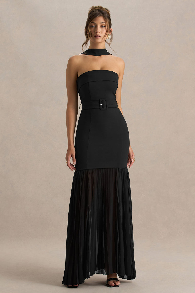 Jaquetta | Vestido largo negro con cinturÃ³n y falda plisada de gasa