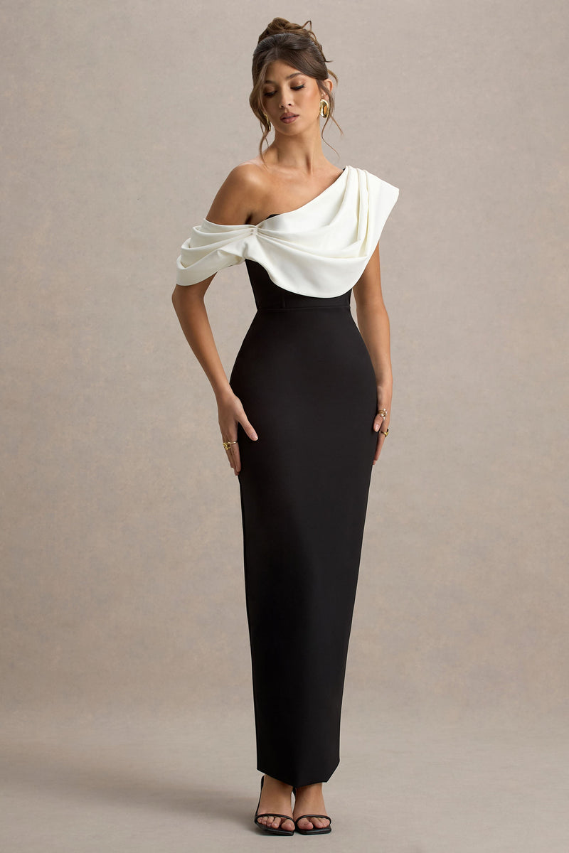 Angelina | Vestido maxi blanco y negro con hombros drapeados
