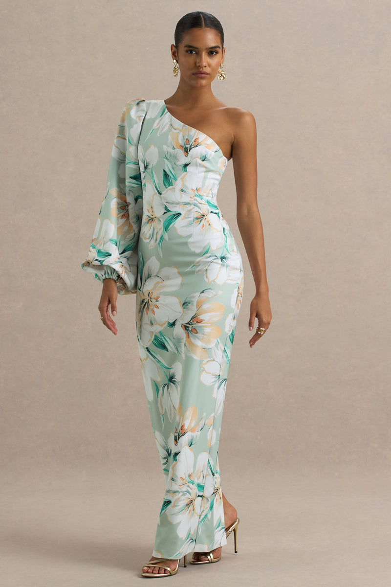 Kellis | Vestido maxi asimétrico con estampado floral verde y manga abullonada