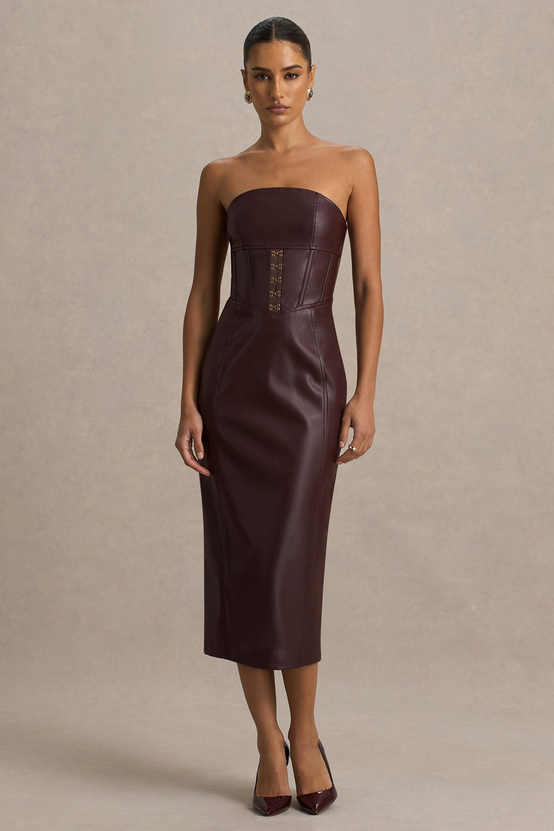 Zola | Vestido midi burdeos de polipiel palabra de honor