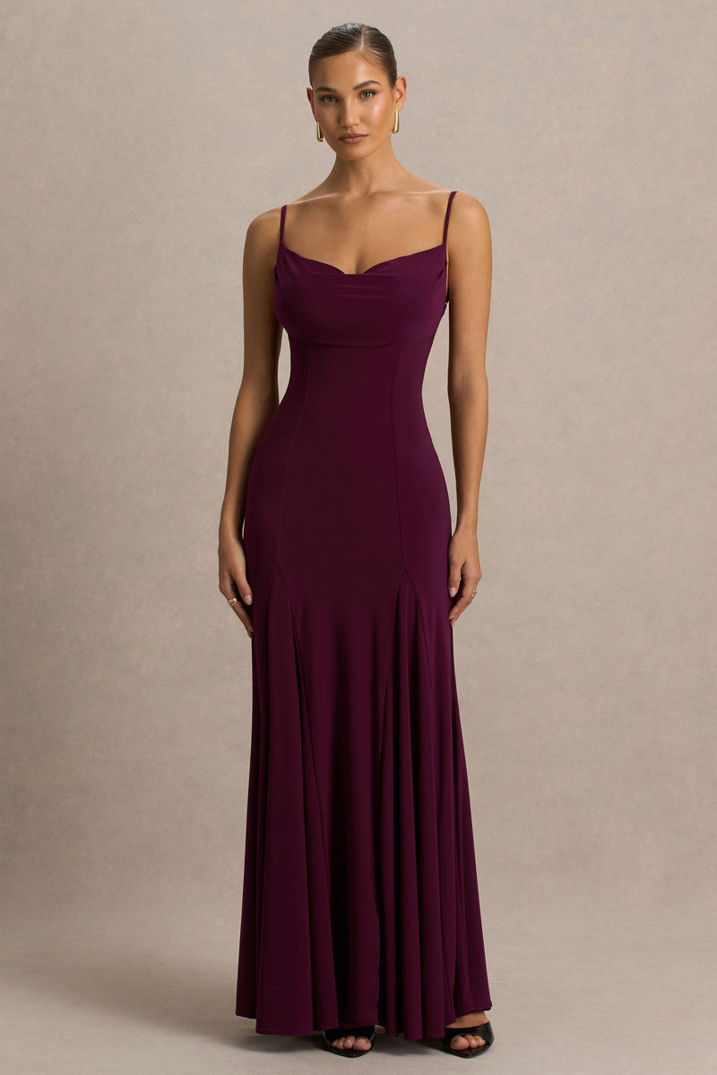 Gabbie | Vestido largo color burdeos con cuello drapeado y detalle de espalda de malla