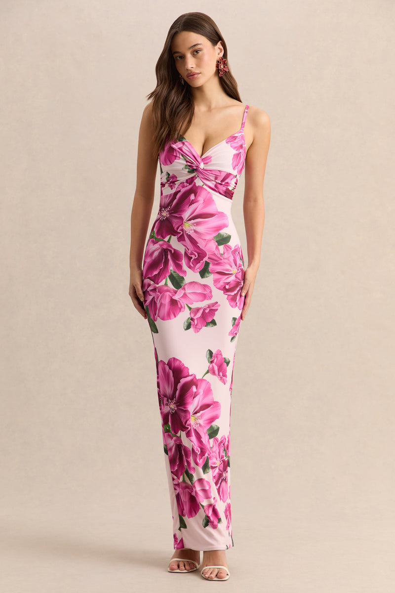 Luz | Vestido largo de tirantes con estampado floral de hibiscos rosas