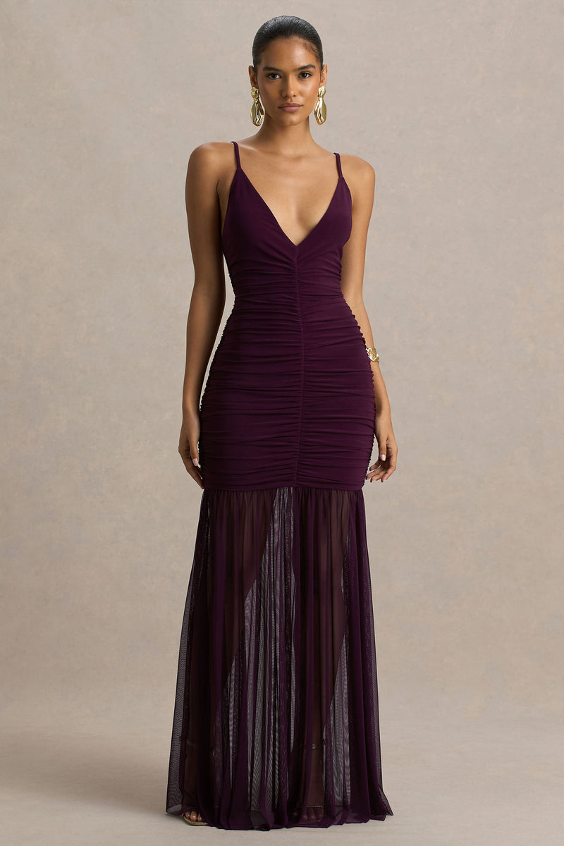 Pasqualina | Vestido largo color ciruela con frunces y escote pronunciado