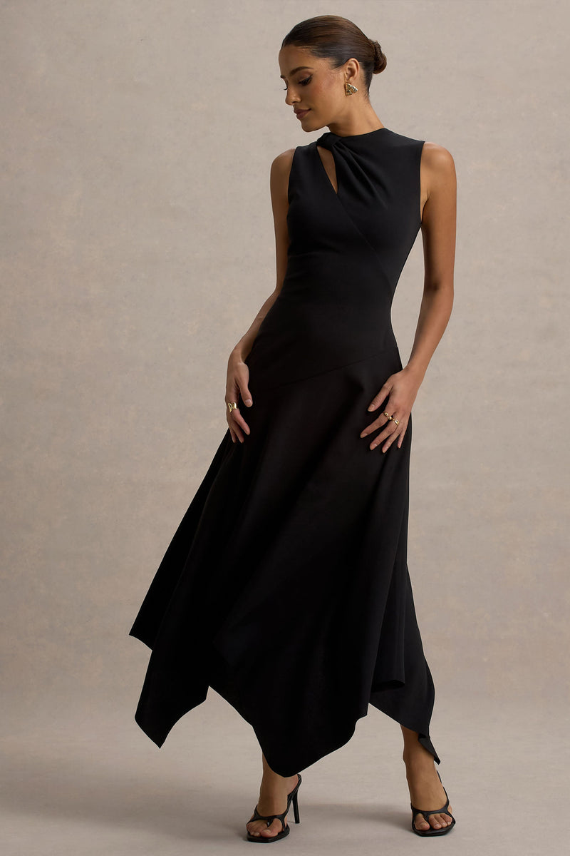 Francesca | Vestido midi negro anudado con bajo tipo pañuelo