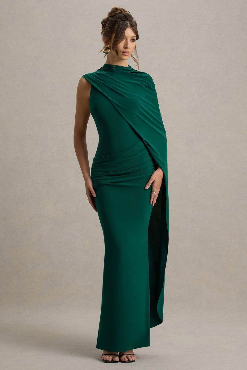 Maeve | Vestido largo drapeado verde botella con mangas tipo capa