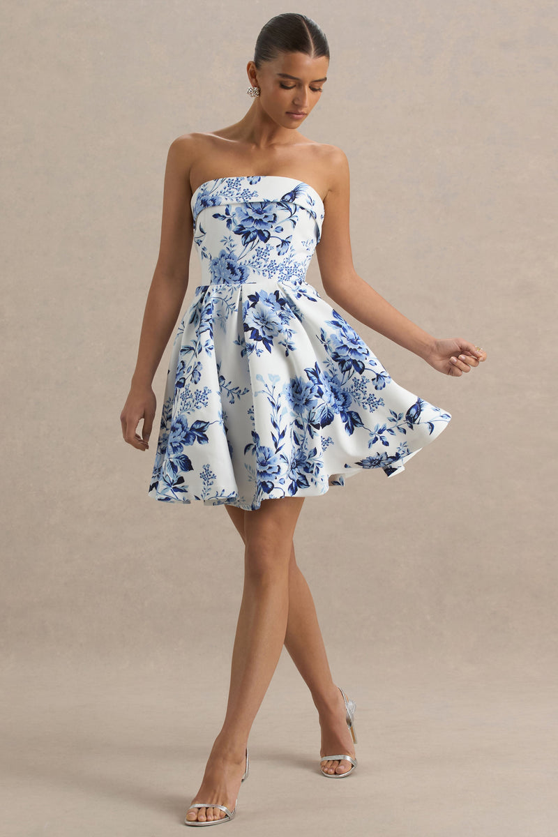 Fiorenza | Vestido mini bandeau con estampado de porcelana azul y falda voluminosa