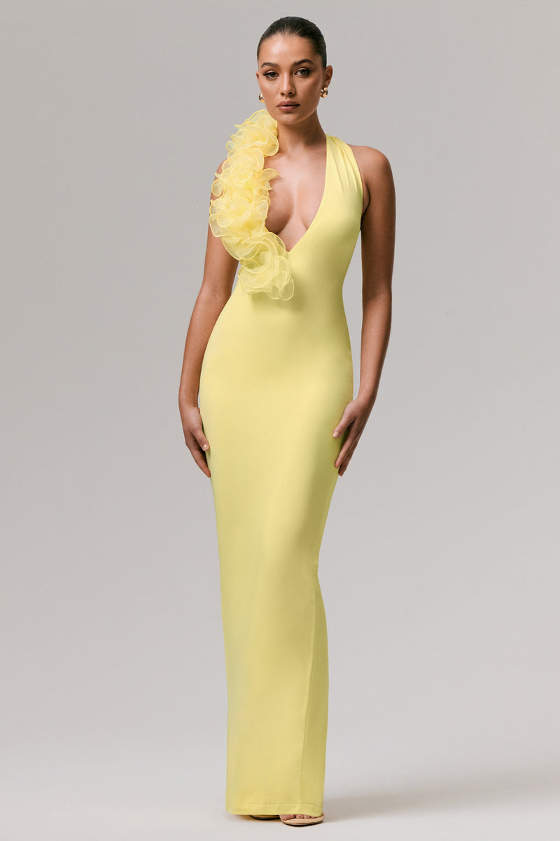 Harriet | Vestido largo color amarillo limón con escote pronunciado y detalle floral