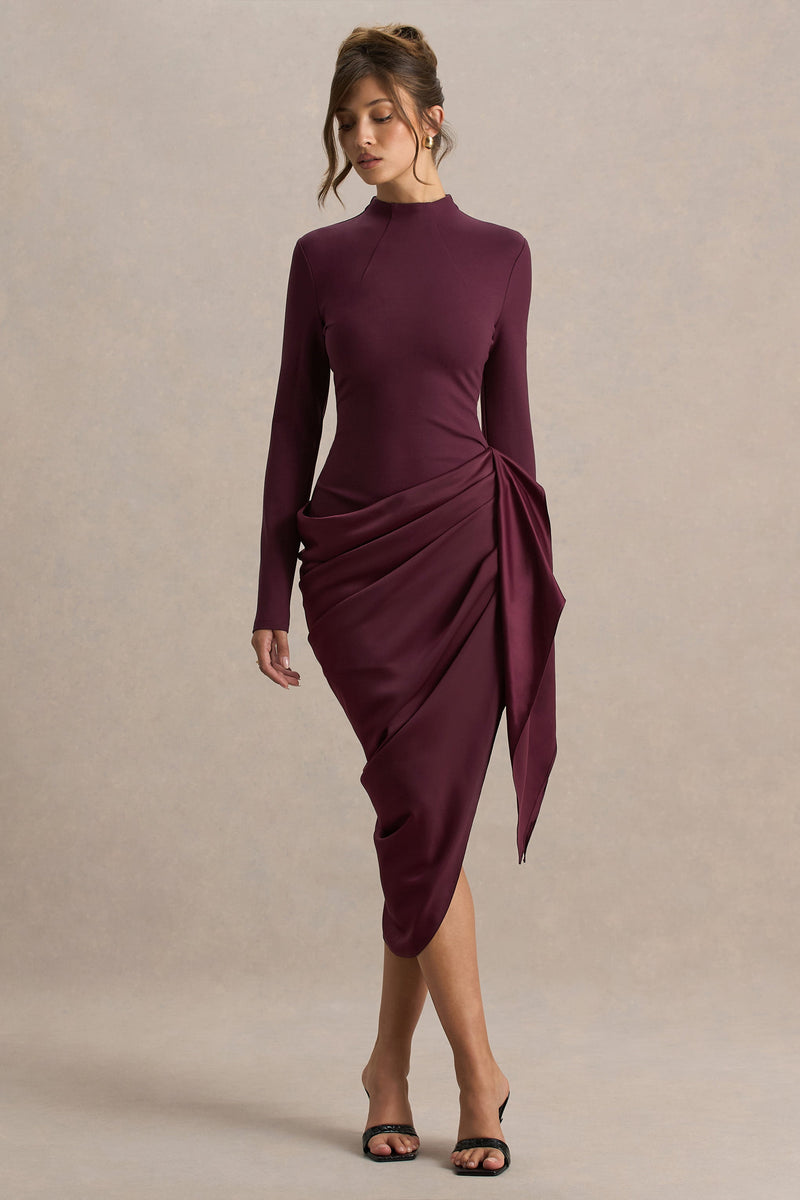 Raffie | Vestido midi color ciruela de manga larga con falda cruzada de satén