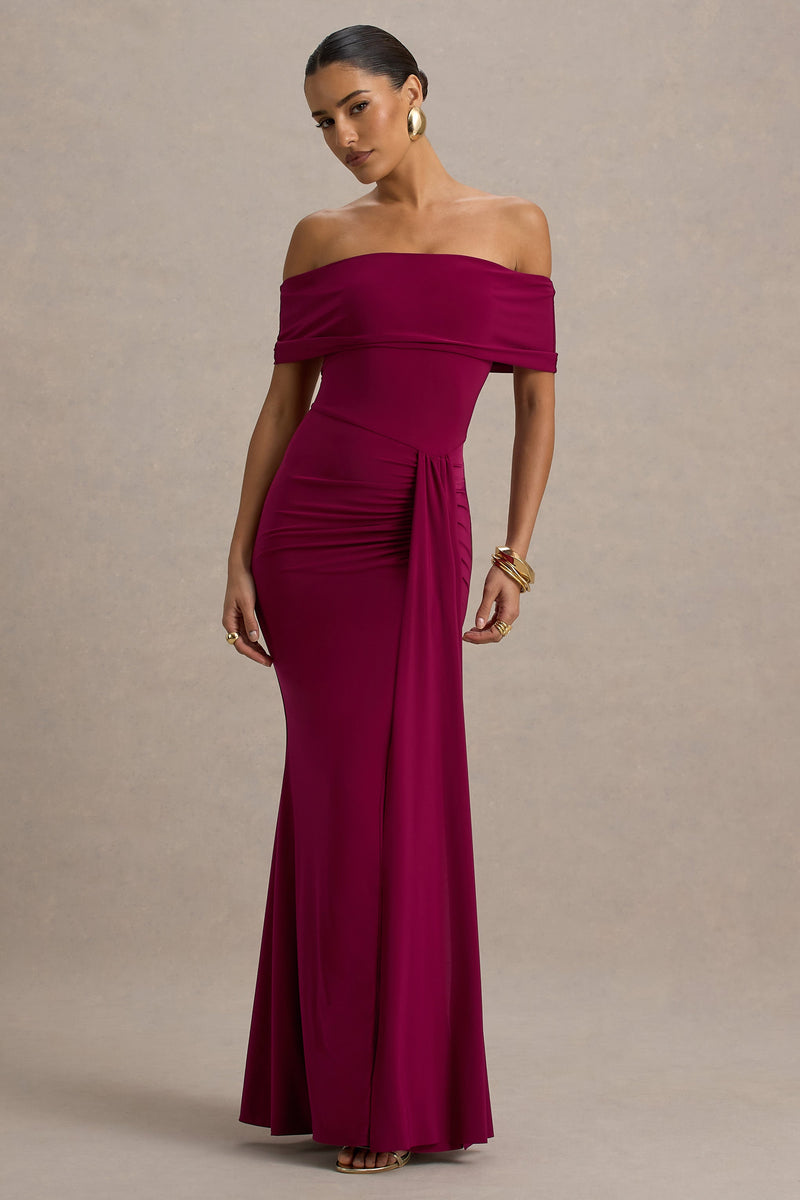Delma | Vestido largo burdeos estilo Bardot con detalle drapeado