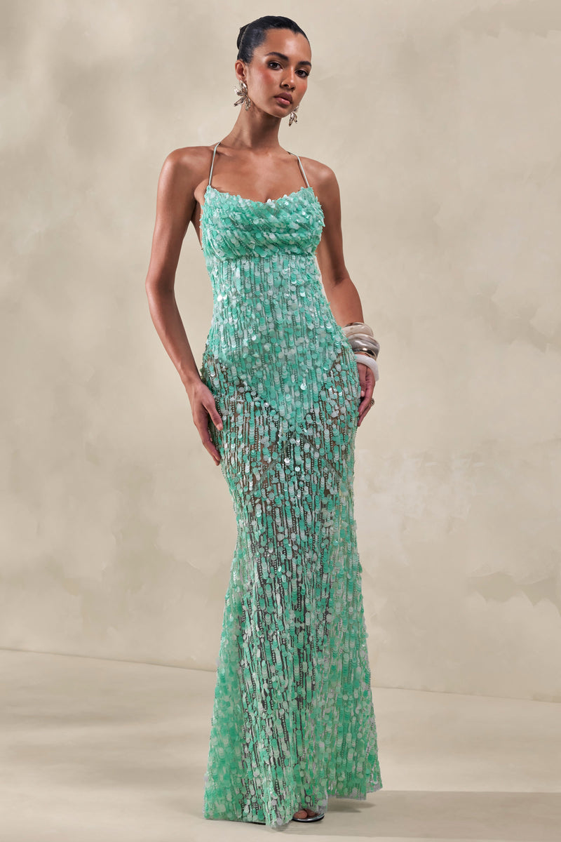 Taryn | Vestido largo de lentejuelas turquesa con cuello drapeado y falda semitransparente