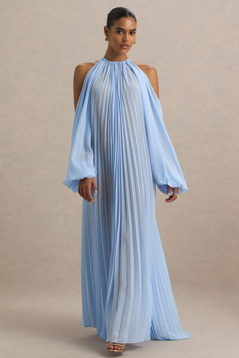 Reyna | Vestido maxi de gasa plisada semitransparente azul empolvado con hombros descubiertos