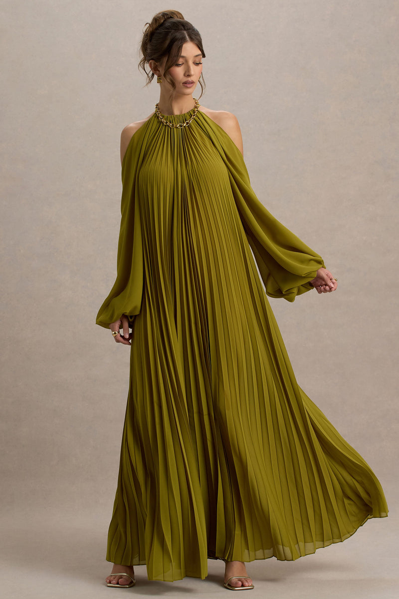 Reyna | Vestido largo de gasa plisada color oliva con hombros descubiertos