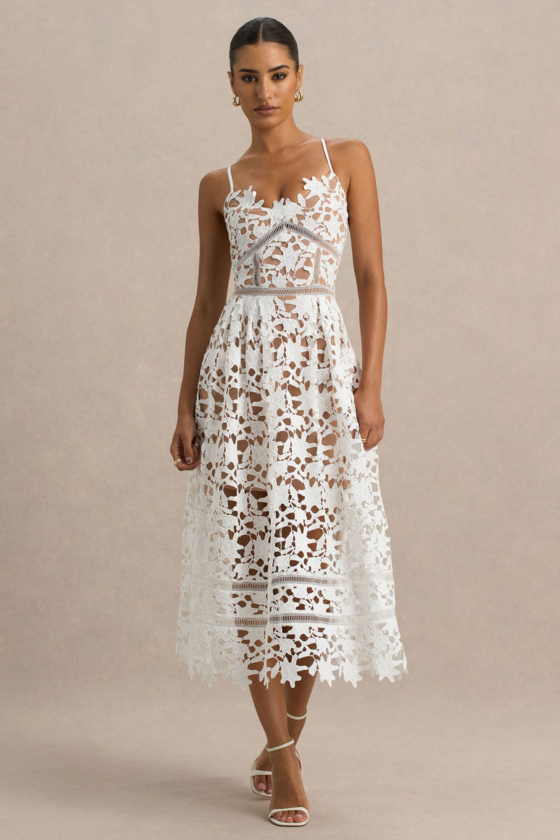 Zuri | Vestido midi blanco de encaje con escote corazón y tirantes finos