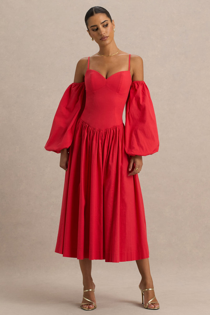 Macie | Vestido midi rojo con escote corazón y mangas abullonadas