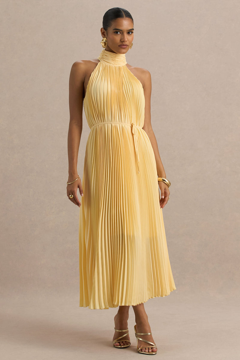 Tulip | Vestido midi plisado de cuello alto color limón