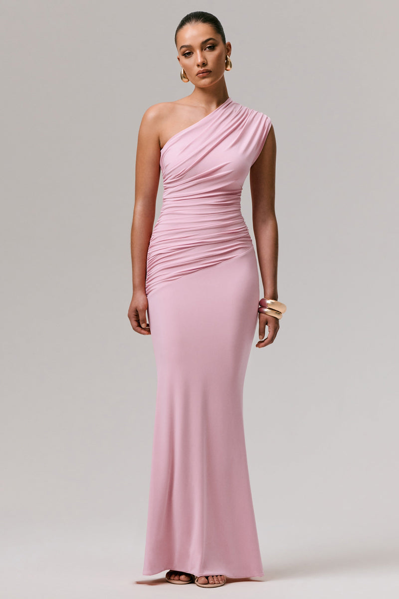 Mardi | Vestido largo rosa asimétrico con fruncido