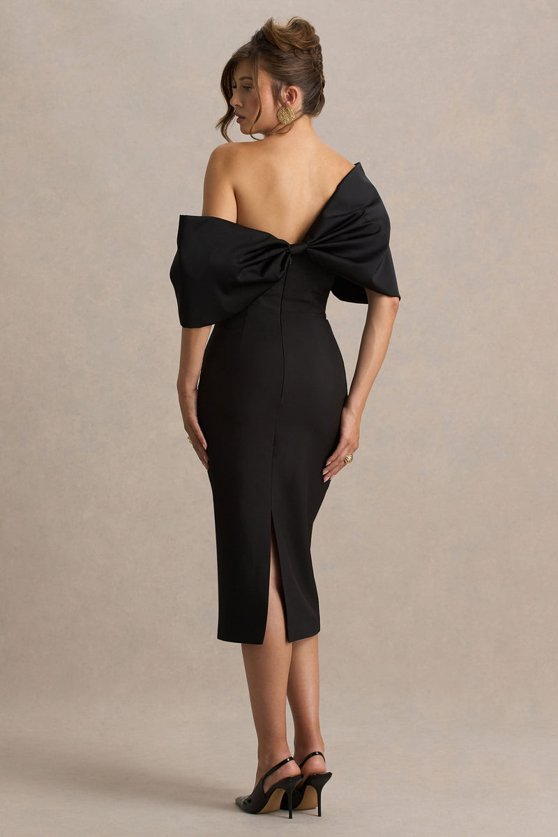 Lucille | Vestido midi negro asimétrico con escote Bardot y detalle de lazo