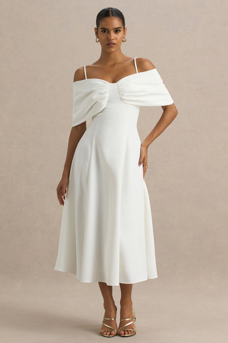 Hettie | Vestido midi blanco de manga corta con escote Bardot y detalle de lazo