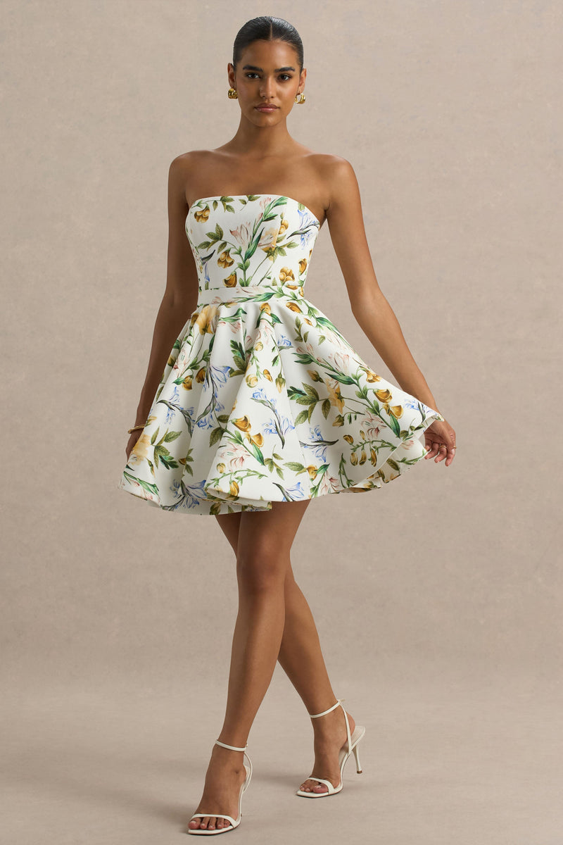Valerian | Vestido mini bandeau con estampado floral de limones y bajo con volantes