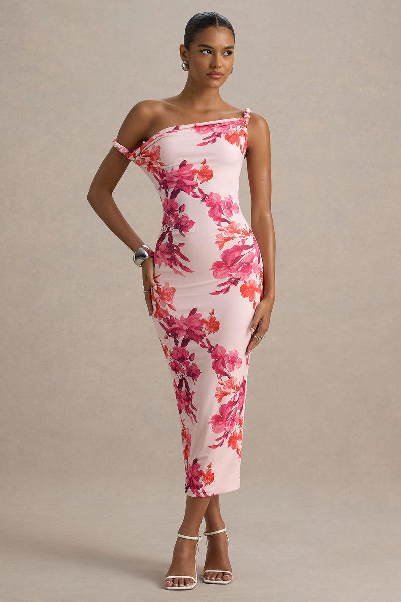 Tatian | Vestido midi asimétrico retorcido con estampado floral rosa y naranja