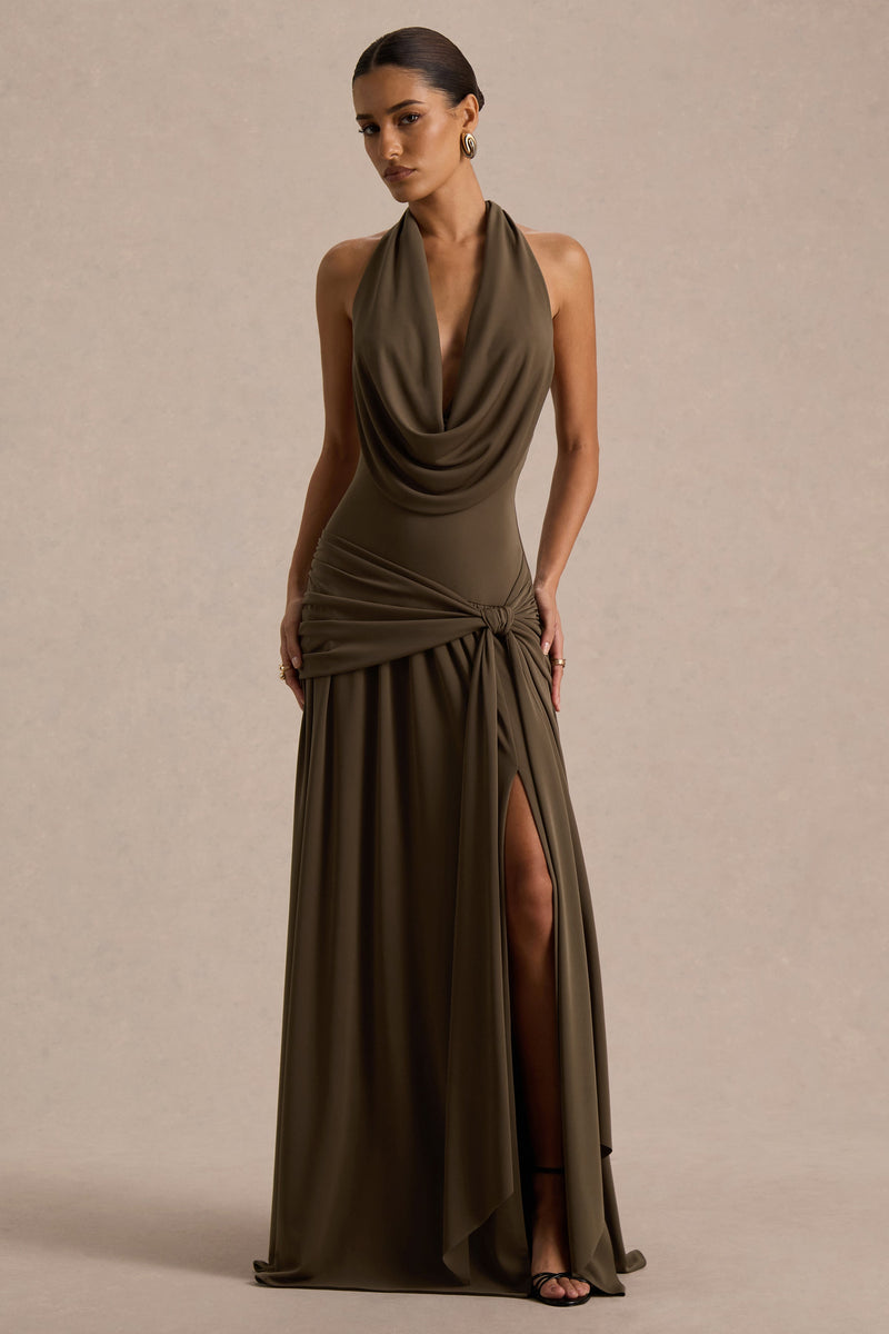 Mist | Vestido maxi verde oliva con escote pronunciado, detalle de nudo y espalda descubierta