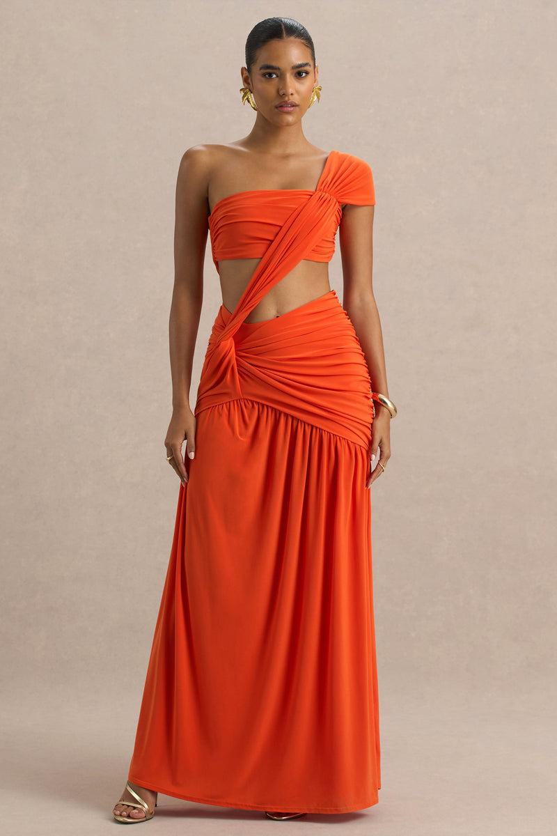 Cadiz | Vestido largo asimétrico naranja con detalle de abertura y espalda descubierta