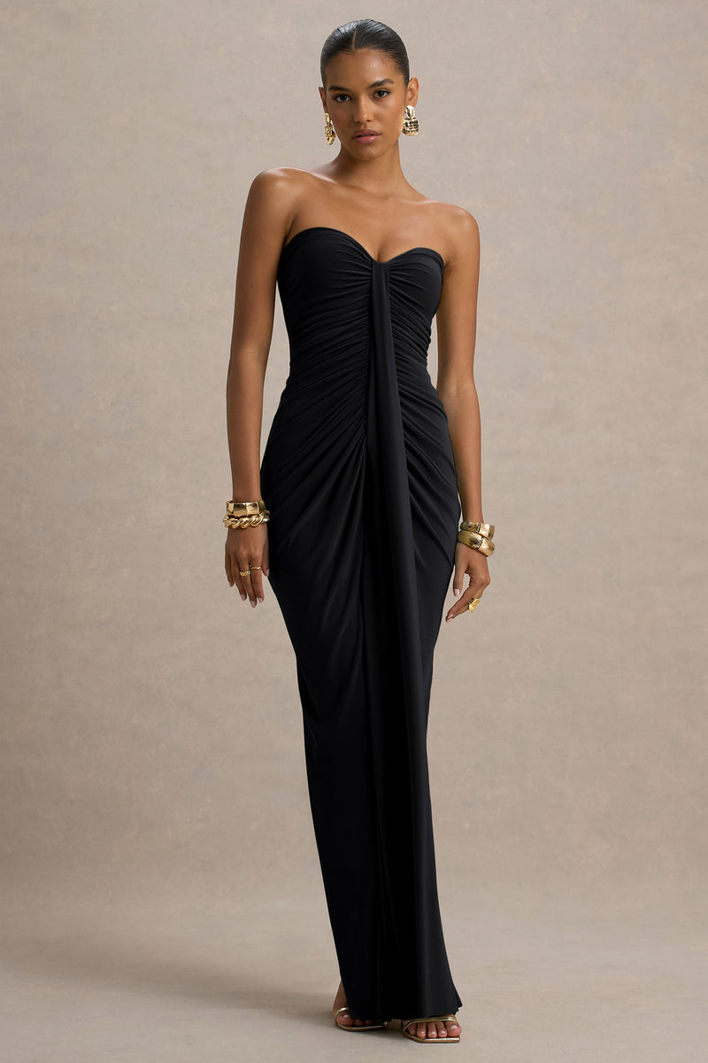 Ali | Vestido largo envolvente negro fruncido con escote corazón
