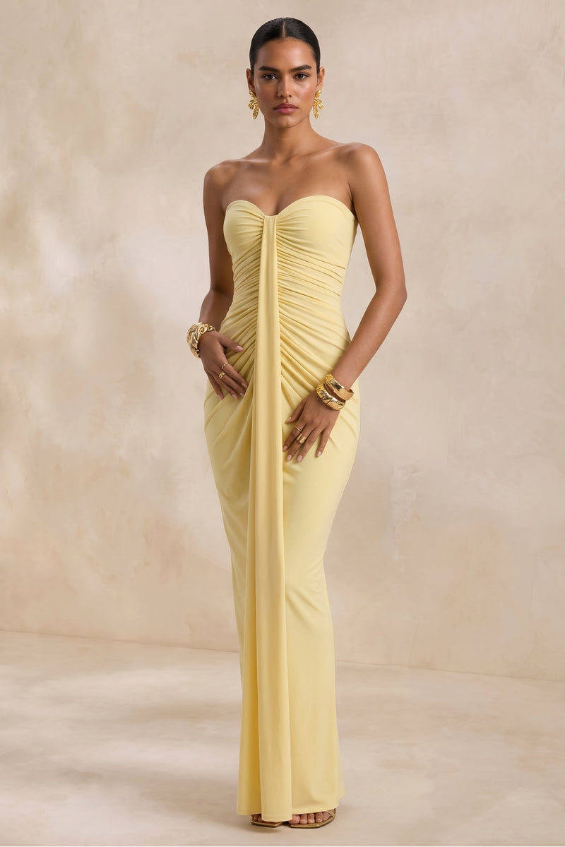 Ali | Vestido largo cruzado fruncido color amarillo limón con escote corazón