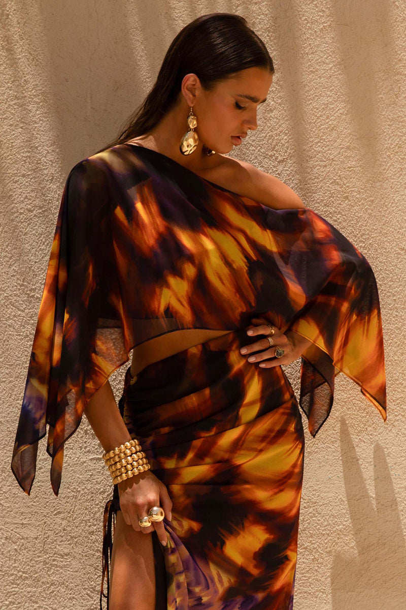 Elysia | Top asimétrico de gasa con estampado degradado