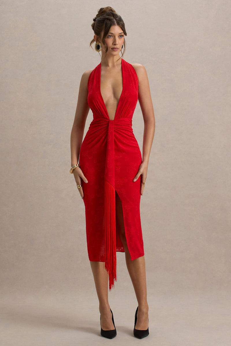 Auria | Vestido midi rojo de satén devoré con escote pronunciado y detalles de flecos