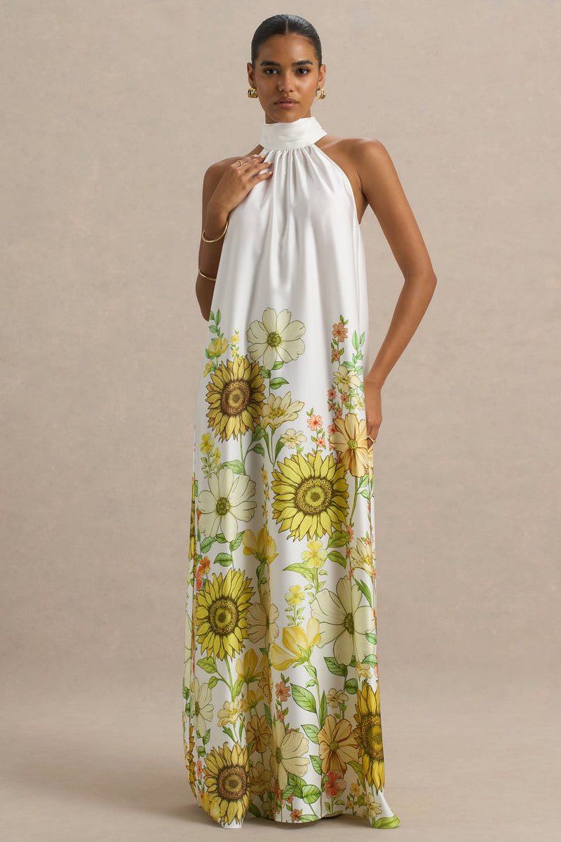 Glide | Vestido largo tipo slip de satén con cuello alto y estampado de girasoles