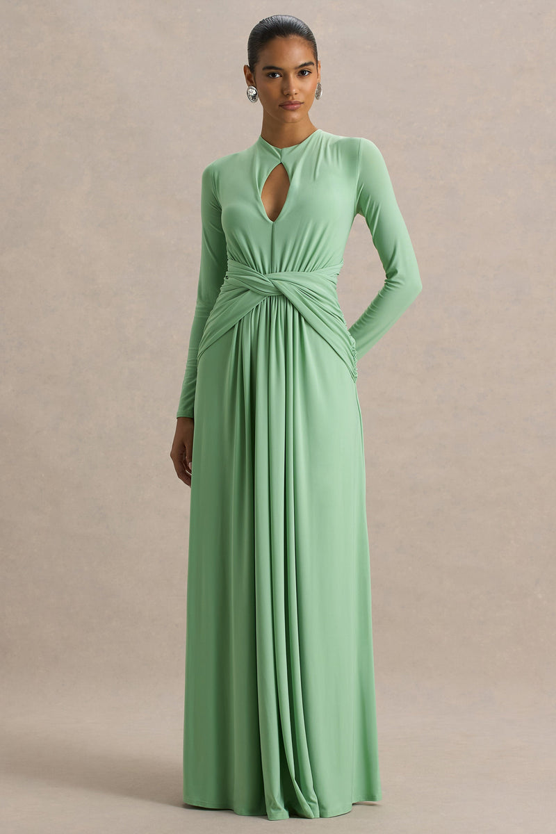 Conmigo | Vestido largo verde de cuello alto con detalles fruncidos
